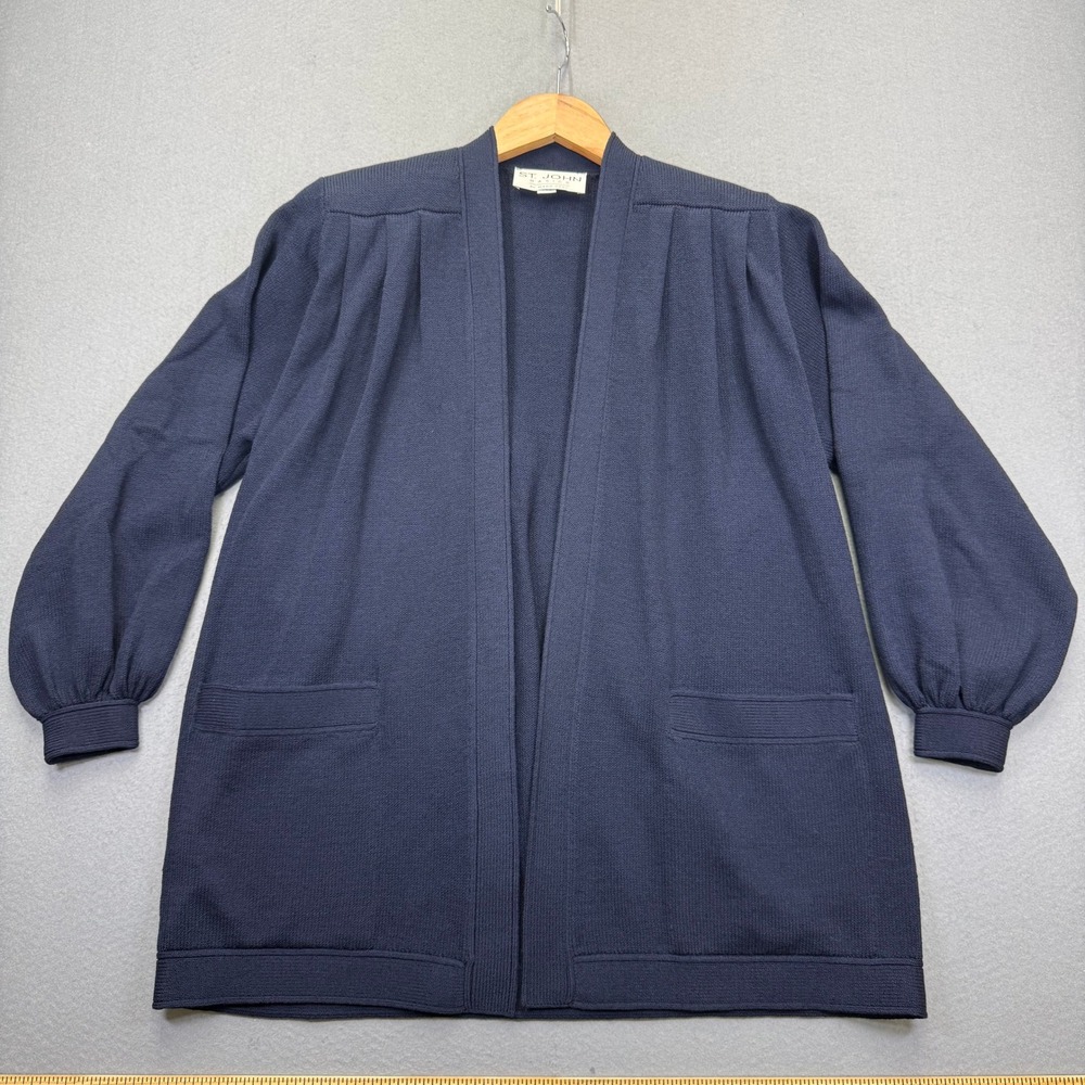 St John Basics Marie Gray Navy Blue Santana Knit‎ Open Front Cardigan Sweater P